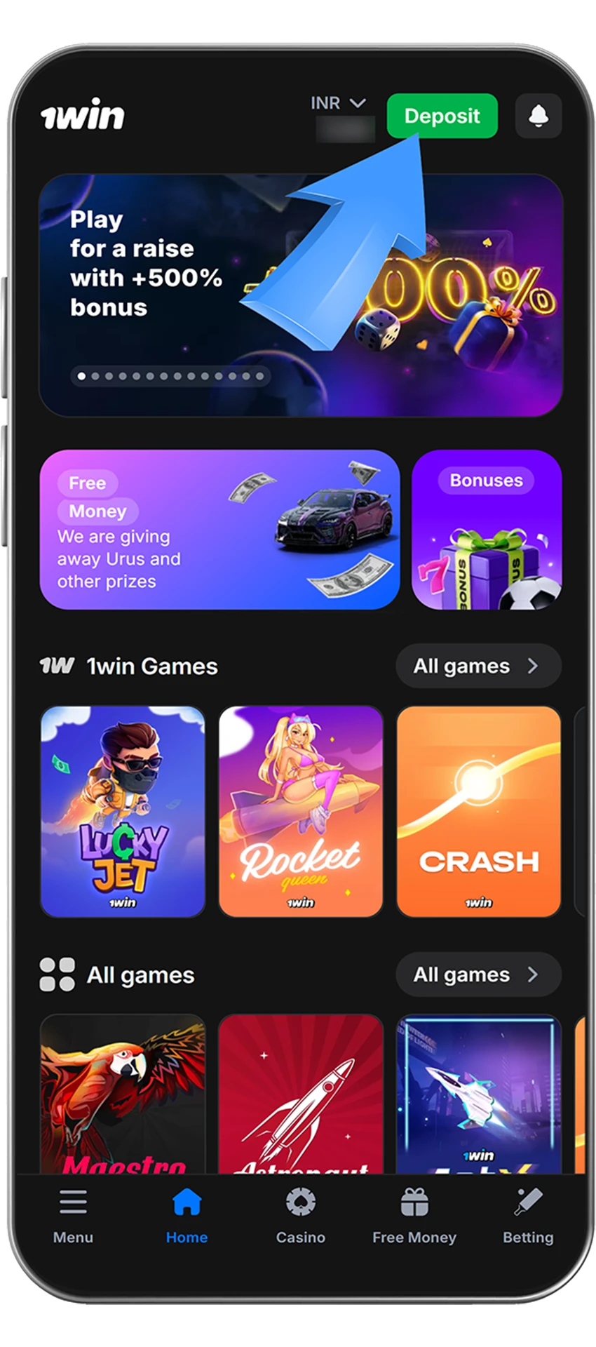 Deposit section at 1win